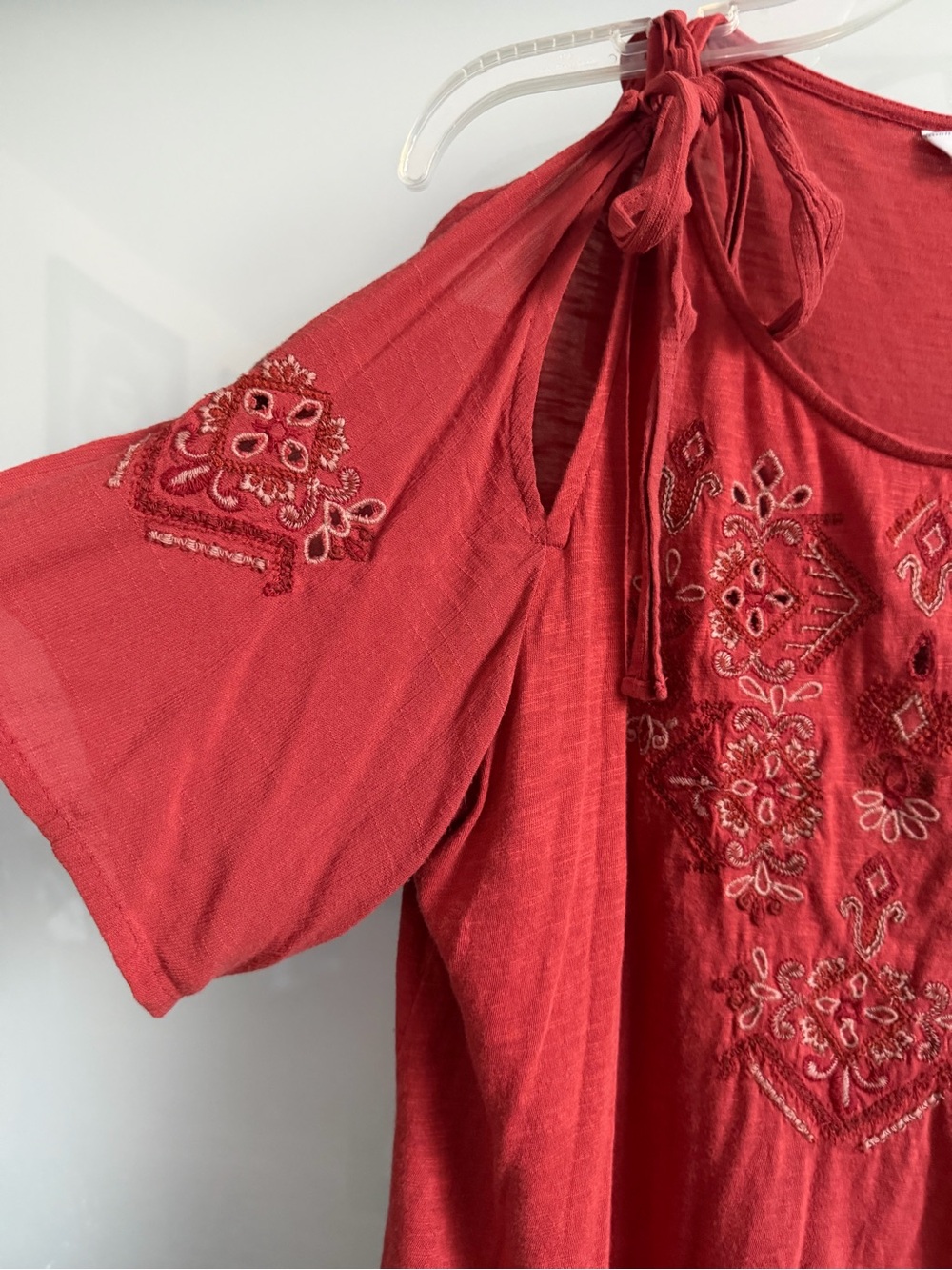 Lucky Brand L Coral Embroidered Tie-Shoulder Boho Peasant Blouse - Picture 5 of 7